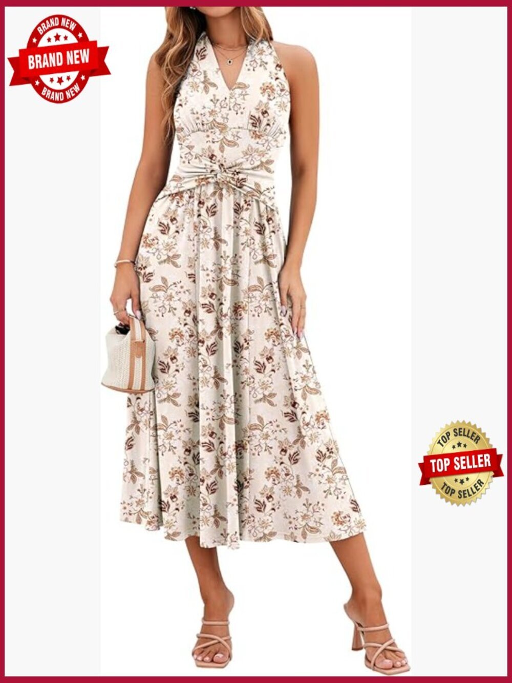 V Neck Midi Dress with Pockets Sleeveless Twist Waist Pleated A-Line Flowy